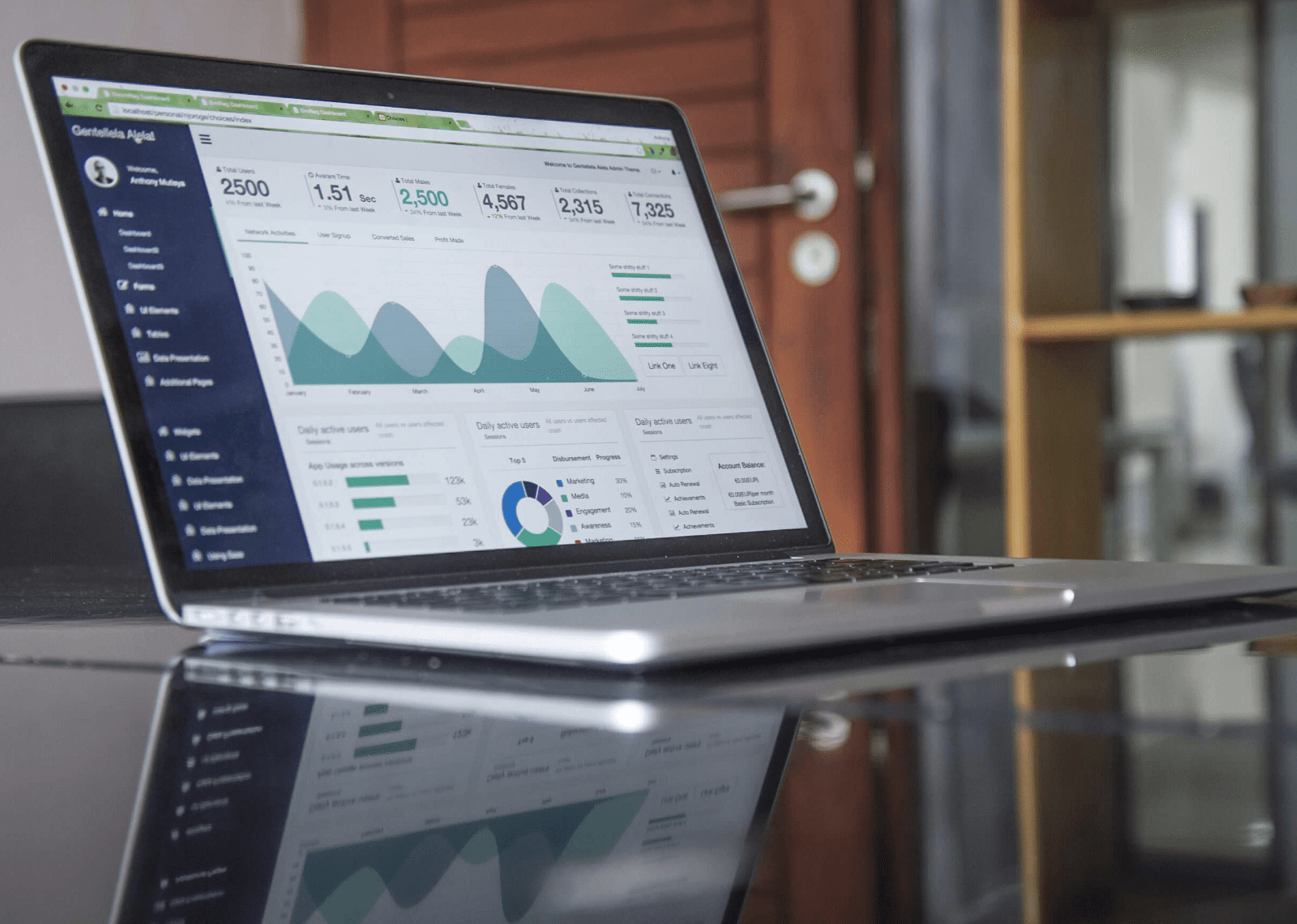 a laptop on a glass table with graphs on the screen